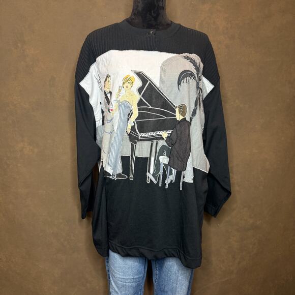 Vintage 80s Together! Art Deco Graphic Top Piano Scene Plus Size 1X - Picture 2 of 13